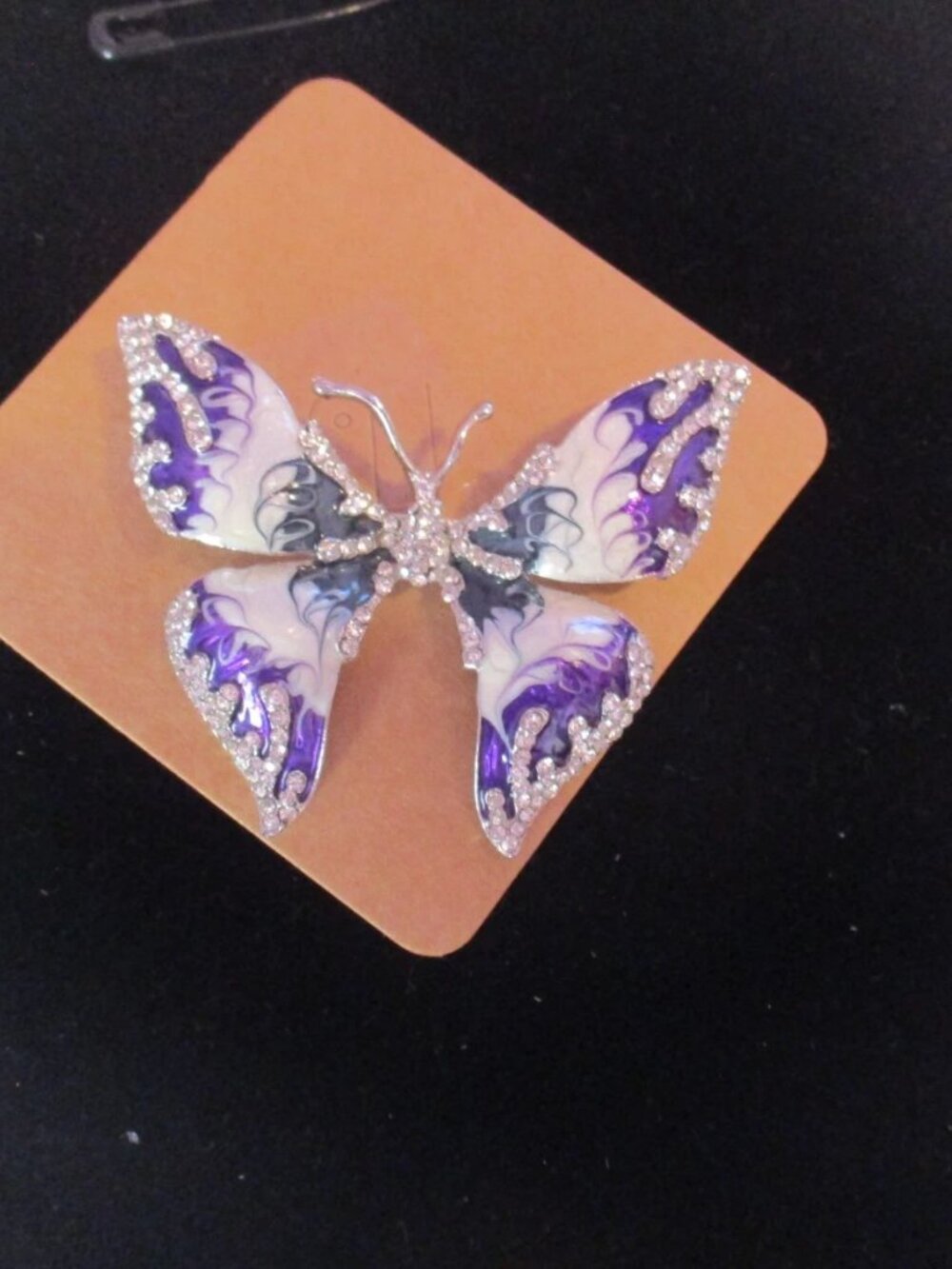 Butterfly Brooch Purple and White Enamel with Rhinestone Accents Wings and Body